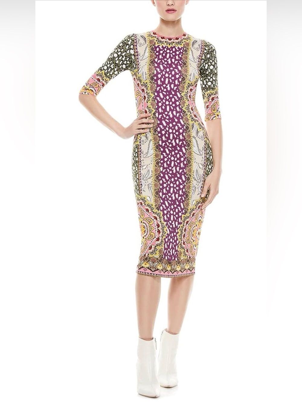 NWT Alice + Olivia Delora Fitted Multiprint Midi Dress, Sz 0 Jersey